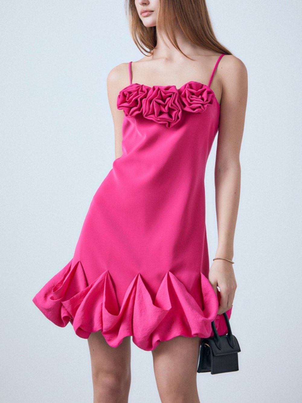Endless Rose 3D Florette Rose Bubble Drape Hem Mini Dress in Fuchsia Pink NEW